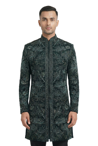 Dark Green Velvet Embroidered Indo-Western