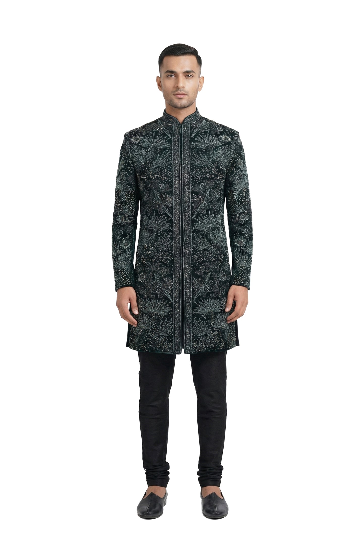 Dark Green Velvet Embroidered Indo-Western
