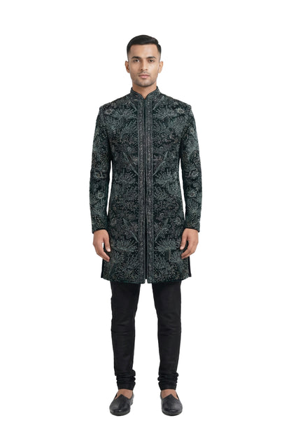 Dark Green Velvet Embroidered Indo-Western