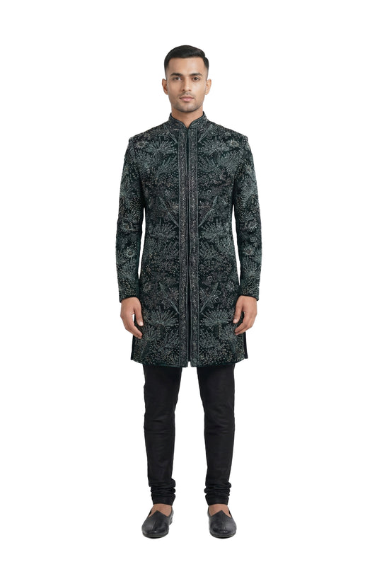 Dark Green Velvet Embroidered Indo-Western