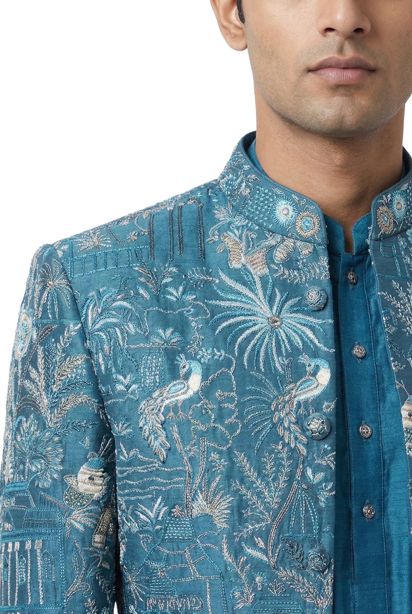 Teal Heritage Embroidered Jacket & Kurta Set