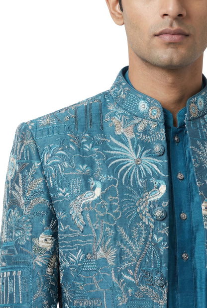 Teal Heritage Embroidered Jacket & Kurta Set