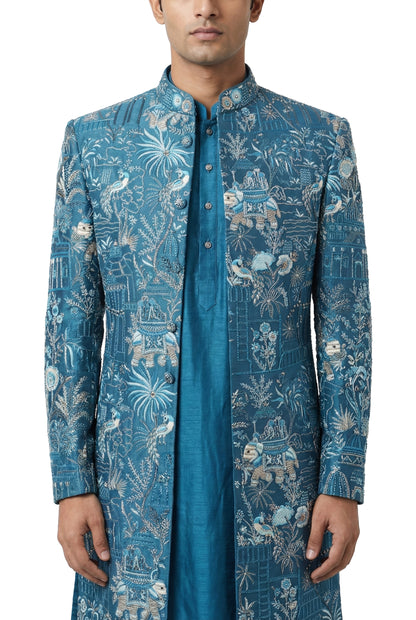 Teal Heritage Embroidered Jacket & Kurta Set