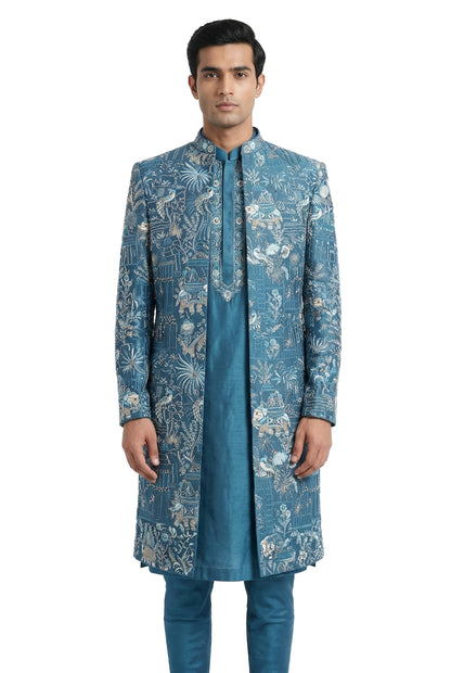 Teal Heritage Embroidered Jacket & Kurta Set