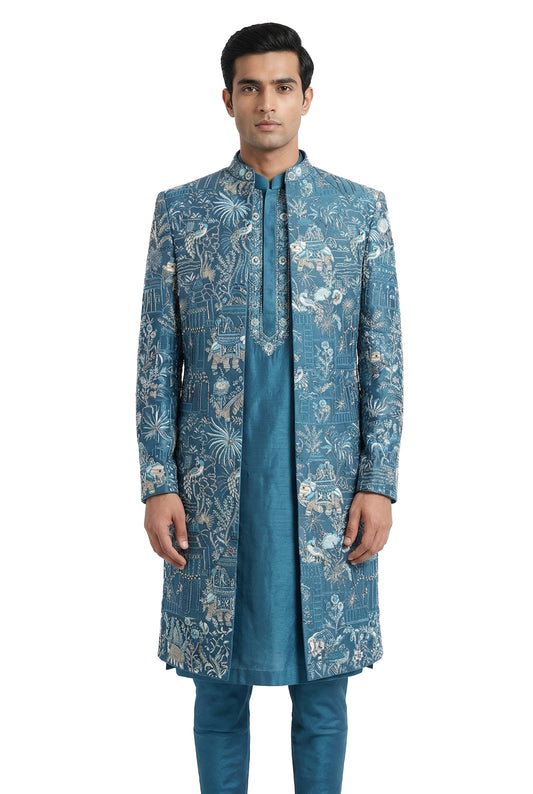 Teal Heritage Embroidered Jacket & Kurta Set