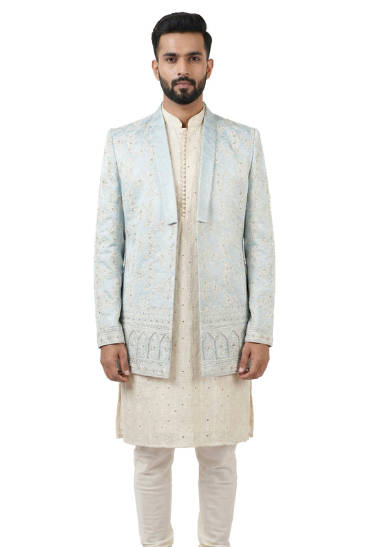 Powder Blue Embroidered Open-Style Jacket Set