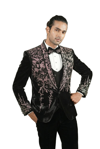 Black Abstract Embroidered Velvet Tuxedo Set