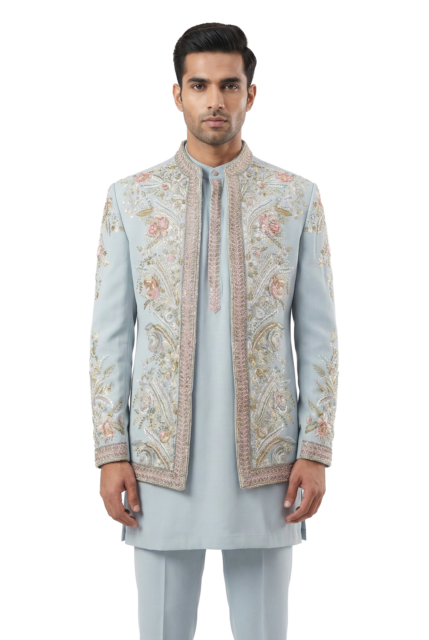 Blue Embroidered Indo-Western Jacket Set