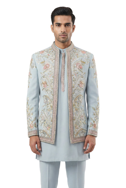 Blue Embroidered Indo-Western Jacket Set
