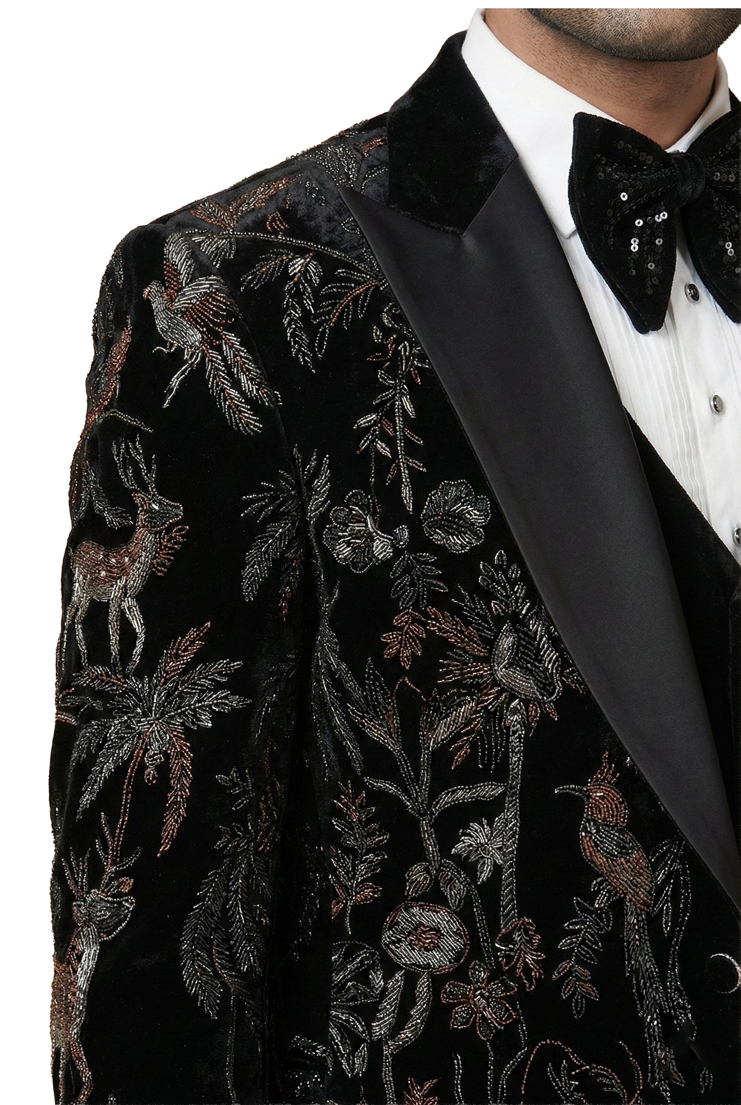Black Tonal Embroidered Velvet Tuxedo Set