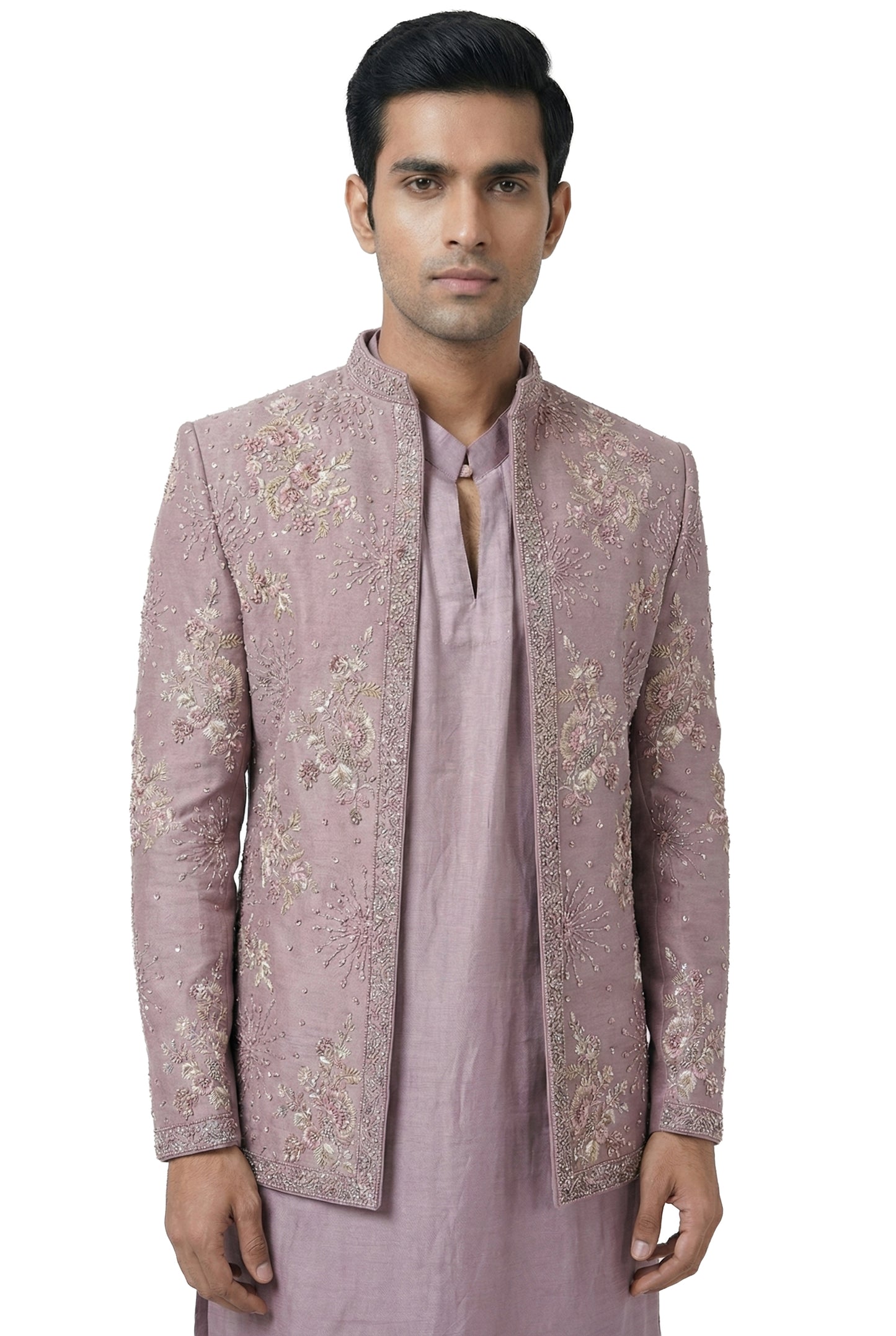 Mauve Embroidered Open Jacket Set