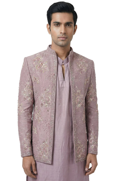 Mauve Embroidered Open Jacket Set