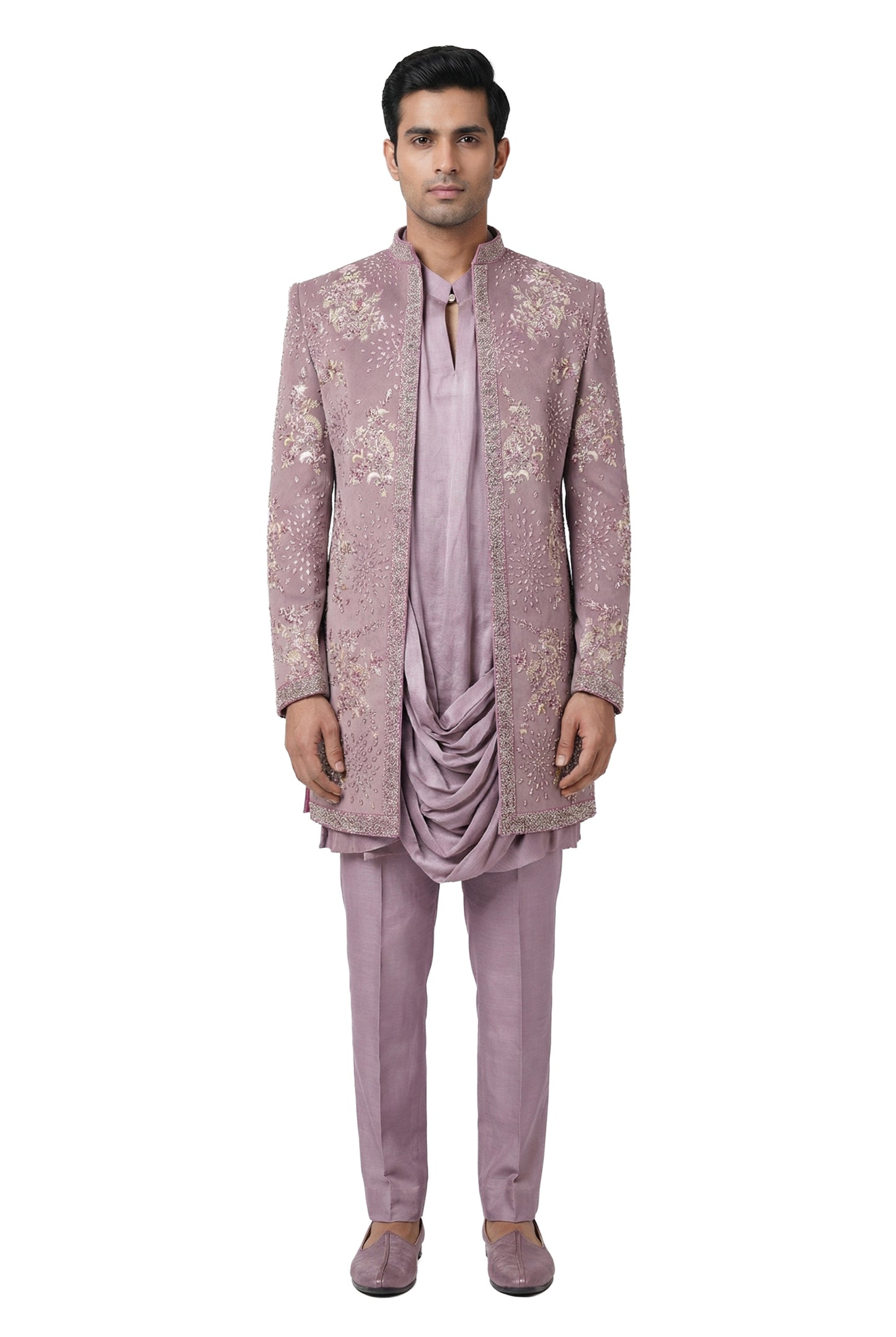 Mauve Embroidered Open Jacket Set