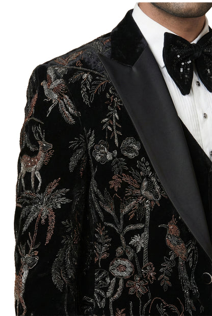Wine Floral Embroidered Velvet Tuxedo Set