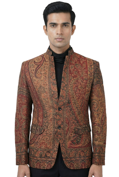 Maroon Paisley Woven Indo-Western Jacket