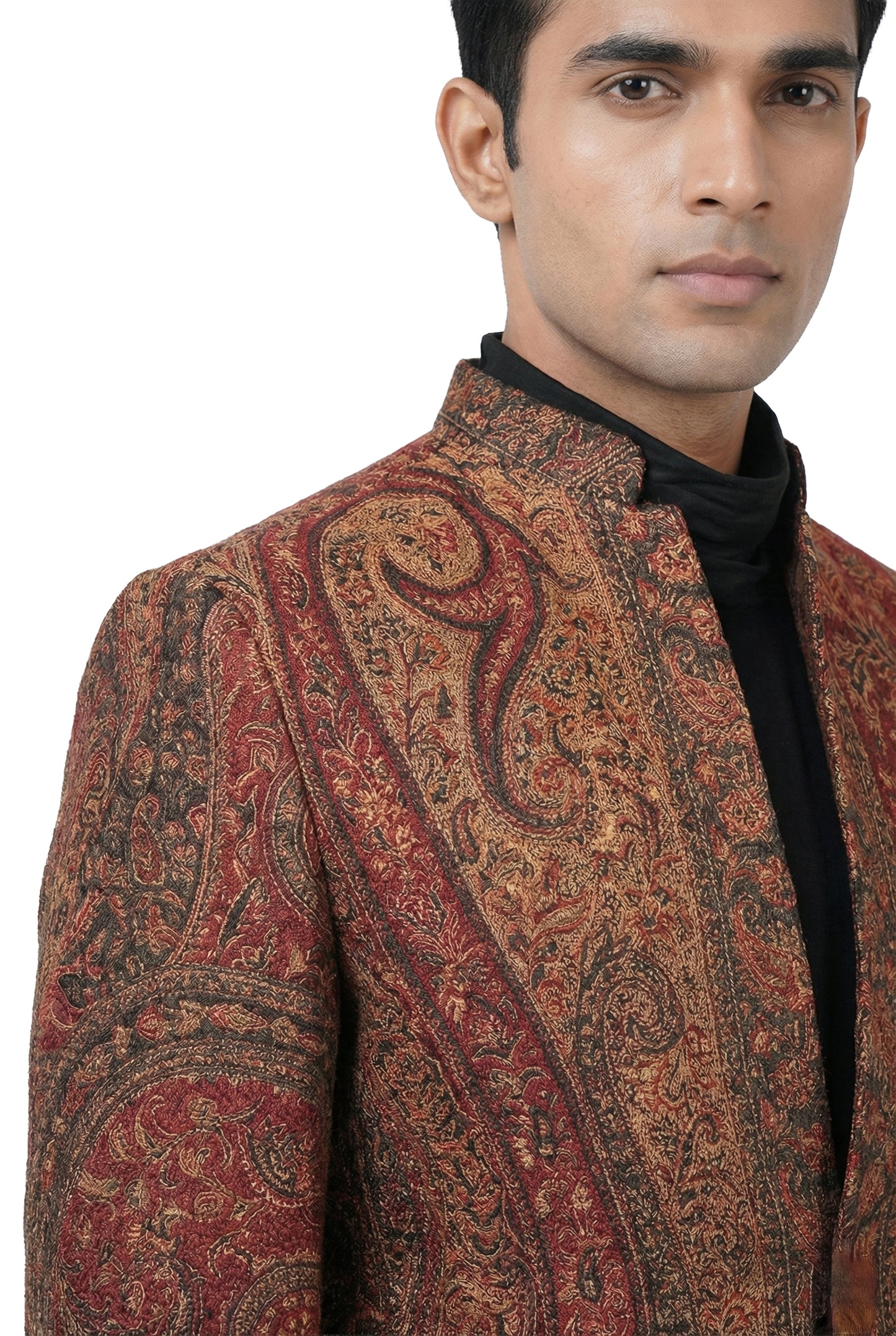 Maroon Paisley Woven Indo-Western Jacket