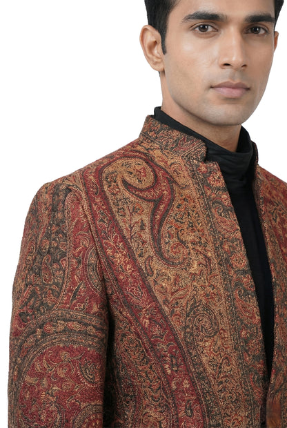 Maroon Paisley Woven Indo-Western Jacket