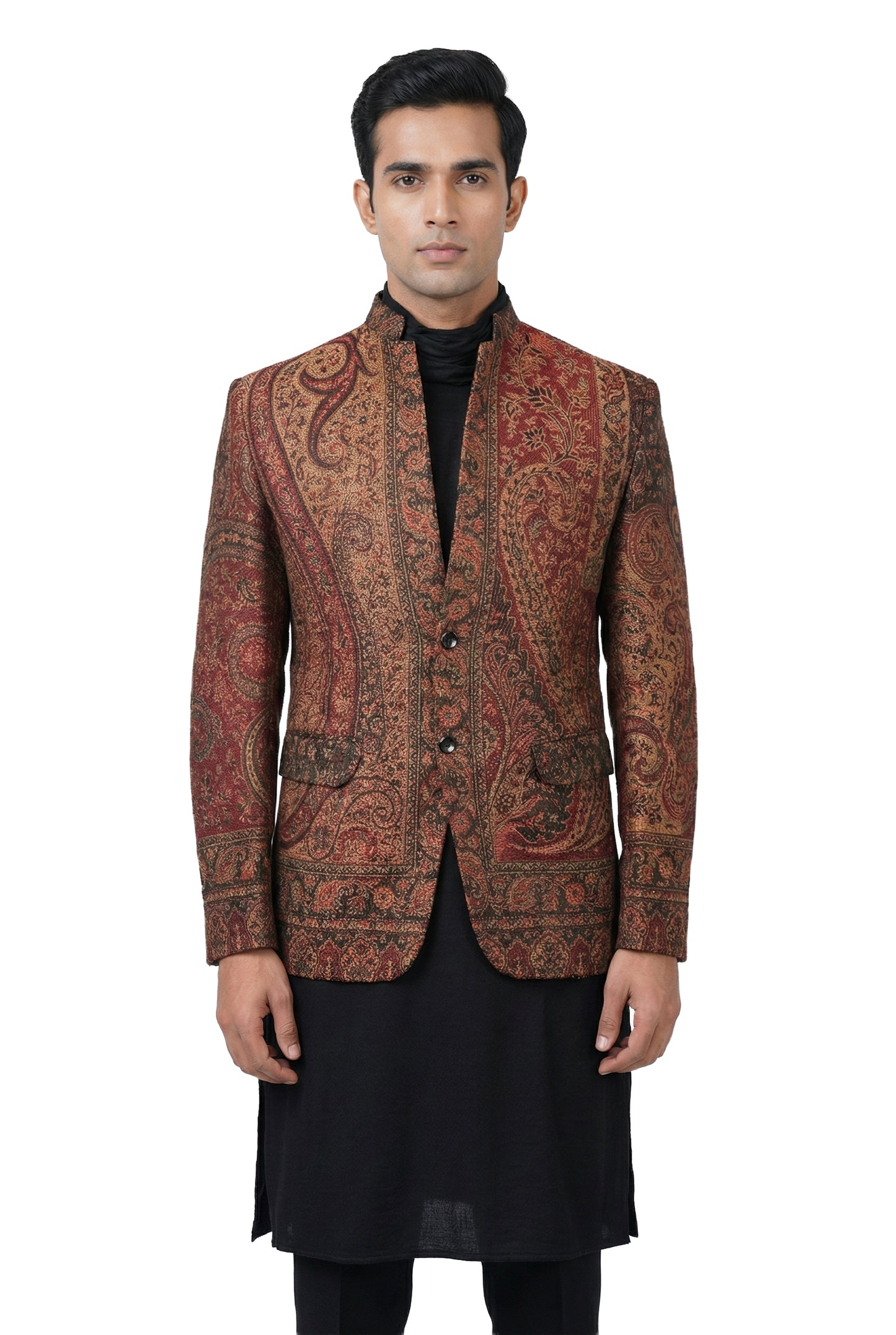 Maroon Paisley Woven Indo-Western Jacket