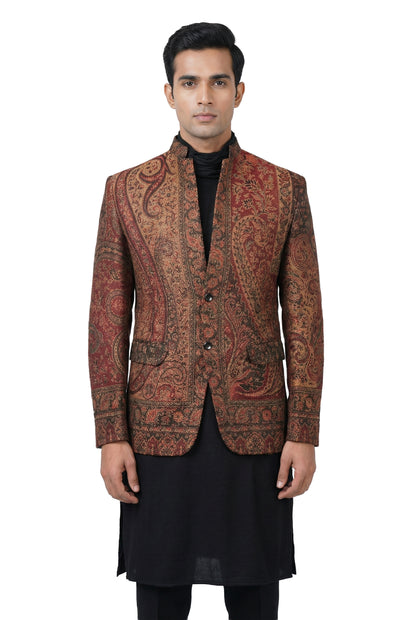 Maroon Paisley Woven Indo-Western Jacket