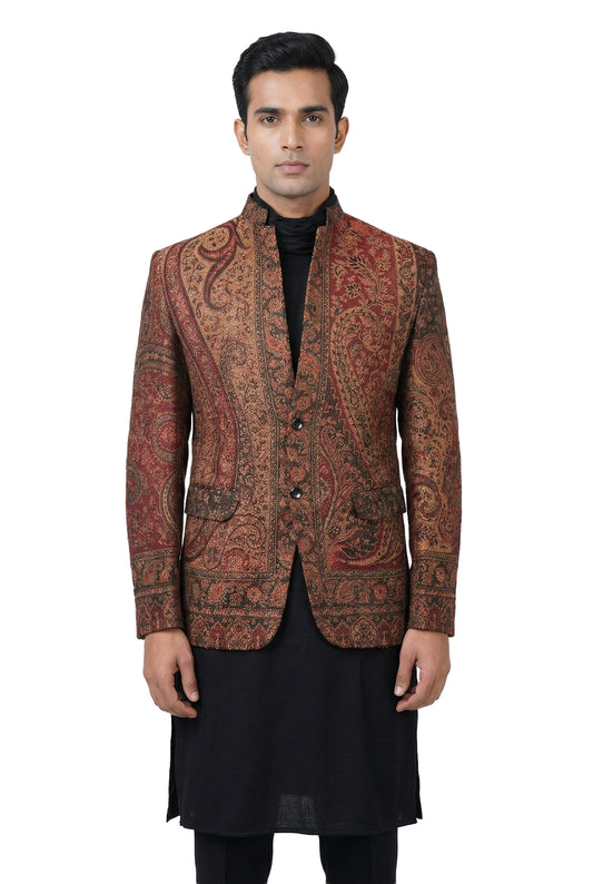 Maroon Paisley Woven Indo-Western Jacket