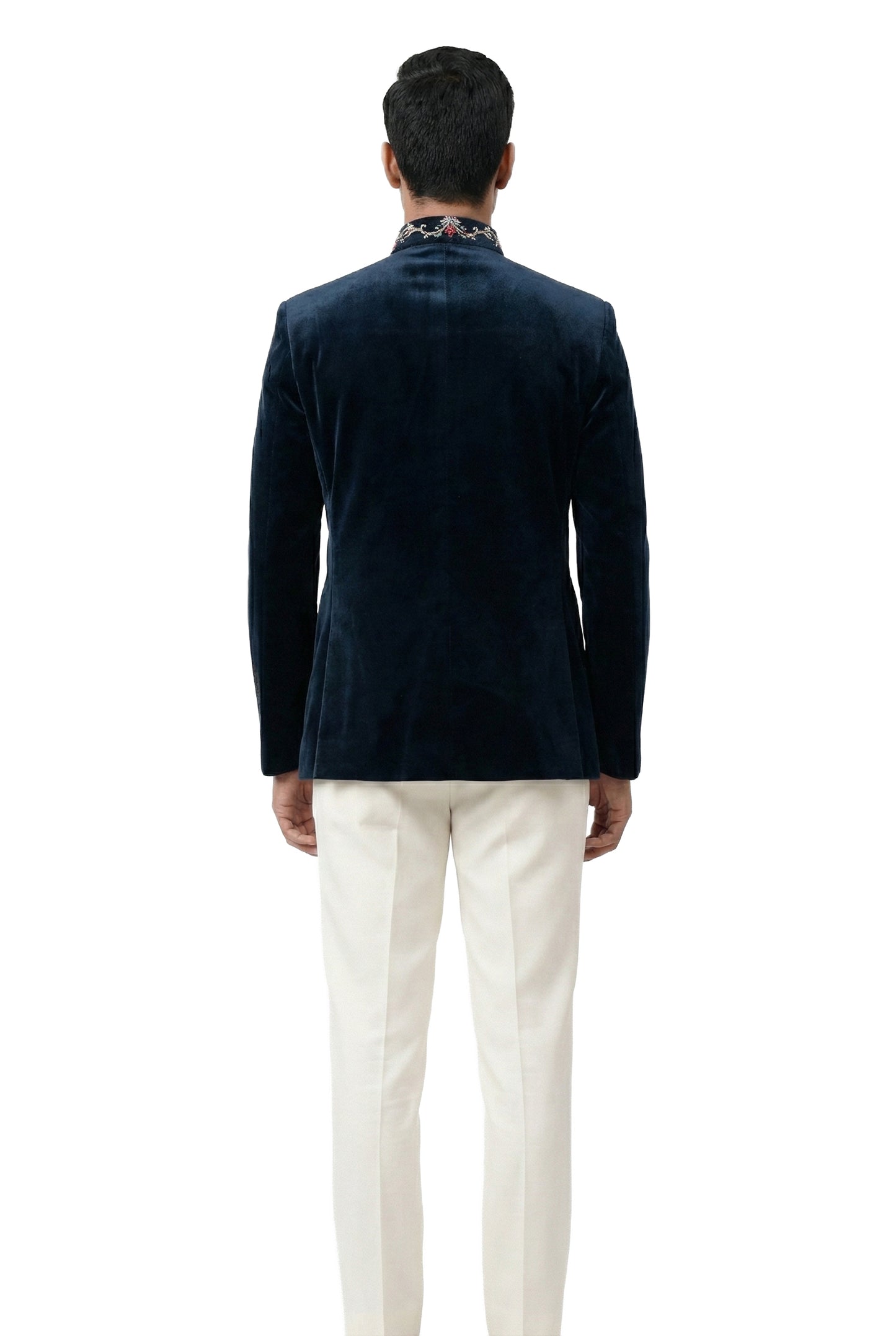 Navy Blue Velvet Embroidered Bandhgala