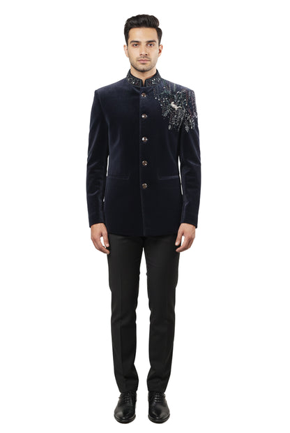 Navy Blue Velvet Bandhgala Jacket