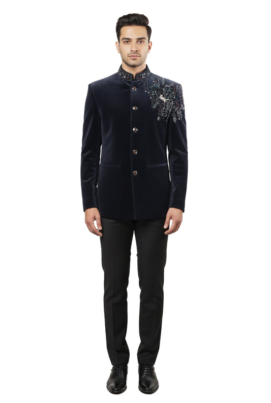 Navy Blue Velvet Bandhgala Jacket