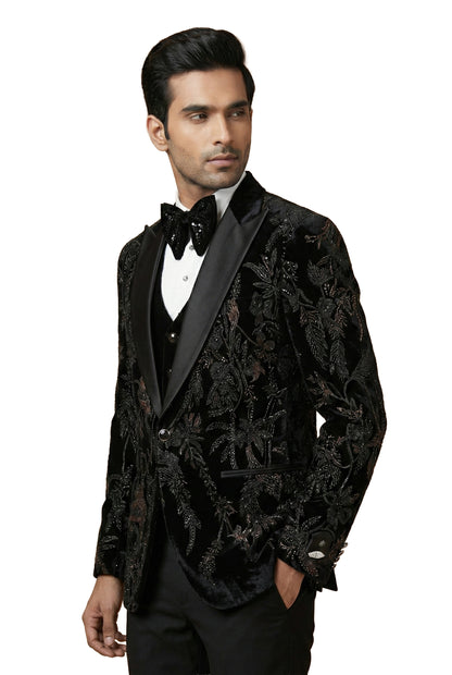 Wine Floral Embroidered Velvet Tuxedo Set