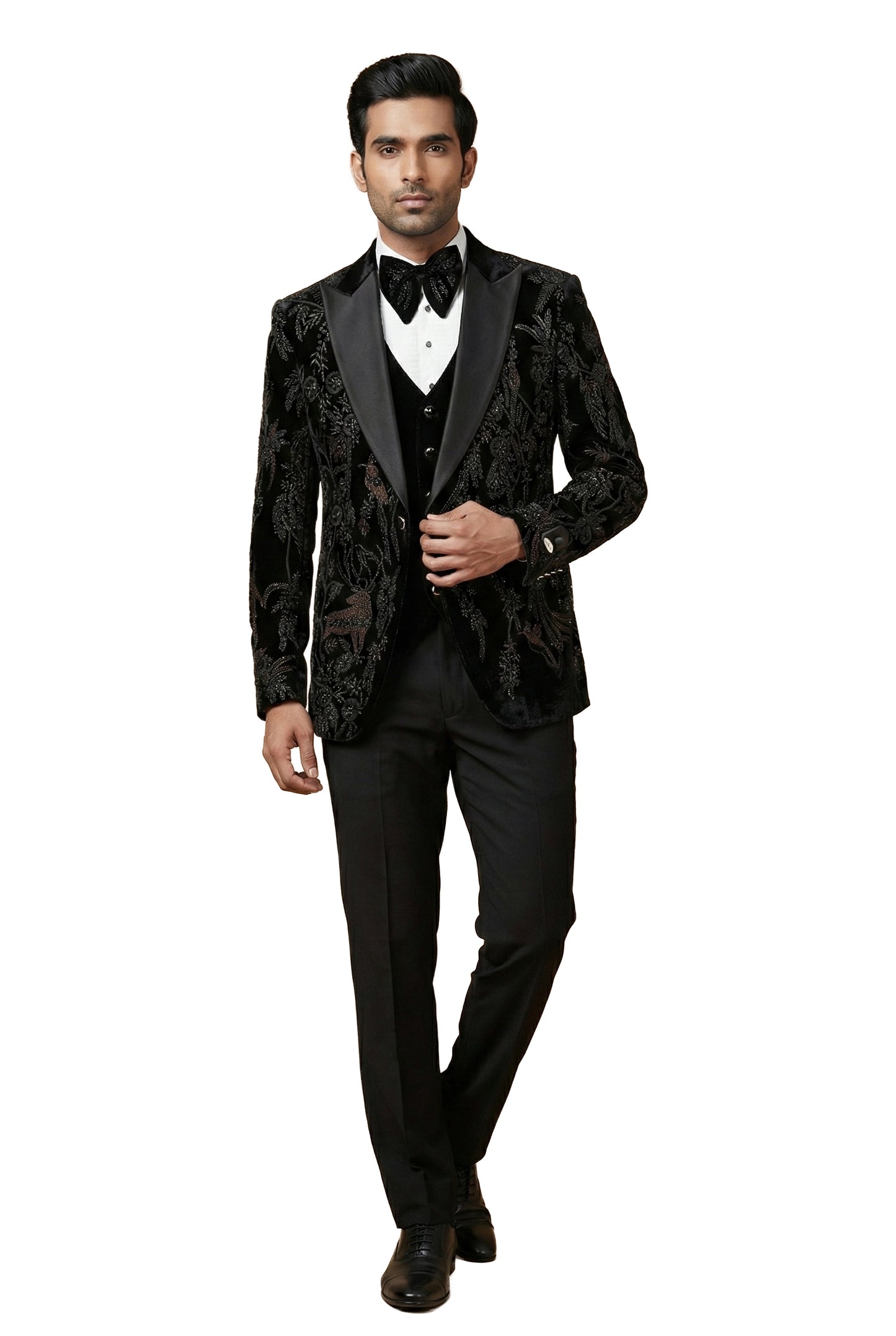 Black Tonal Embroidered Velvet Tuxedo Set
