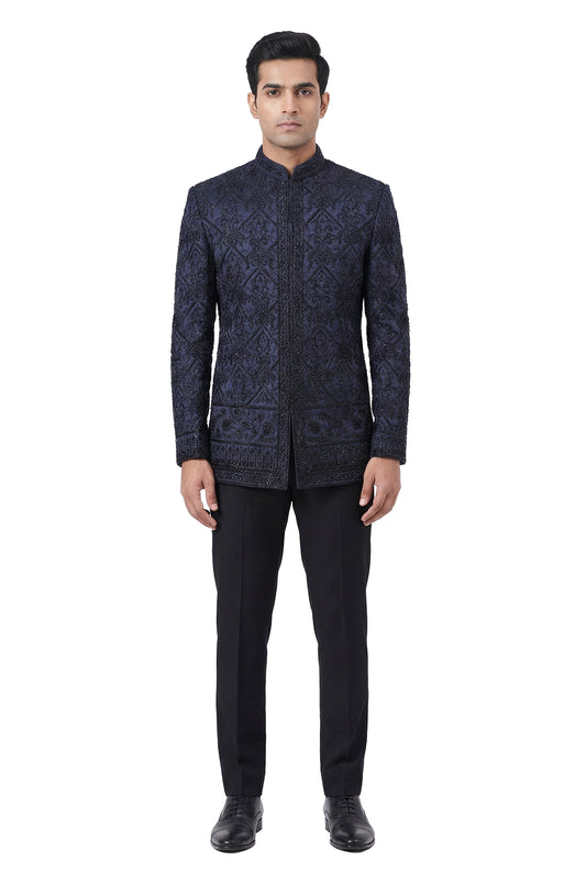 Navy Blue Heavily Embroidered Bandhgala