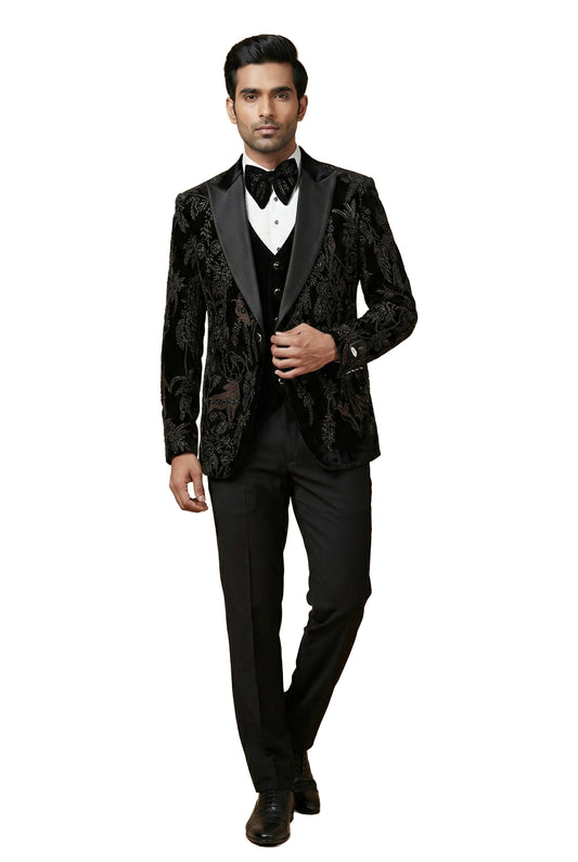 Wine Floral Embroidered Velvet Tuxedo Set