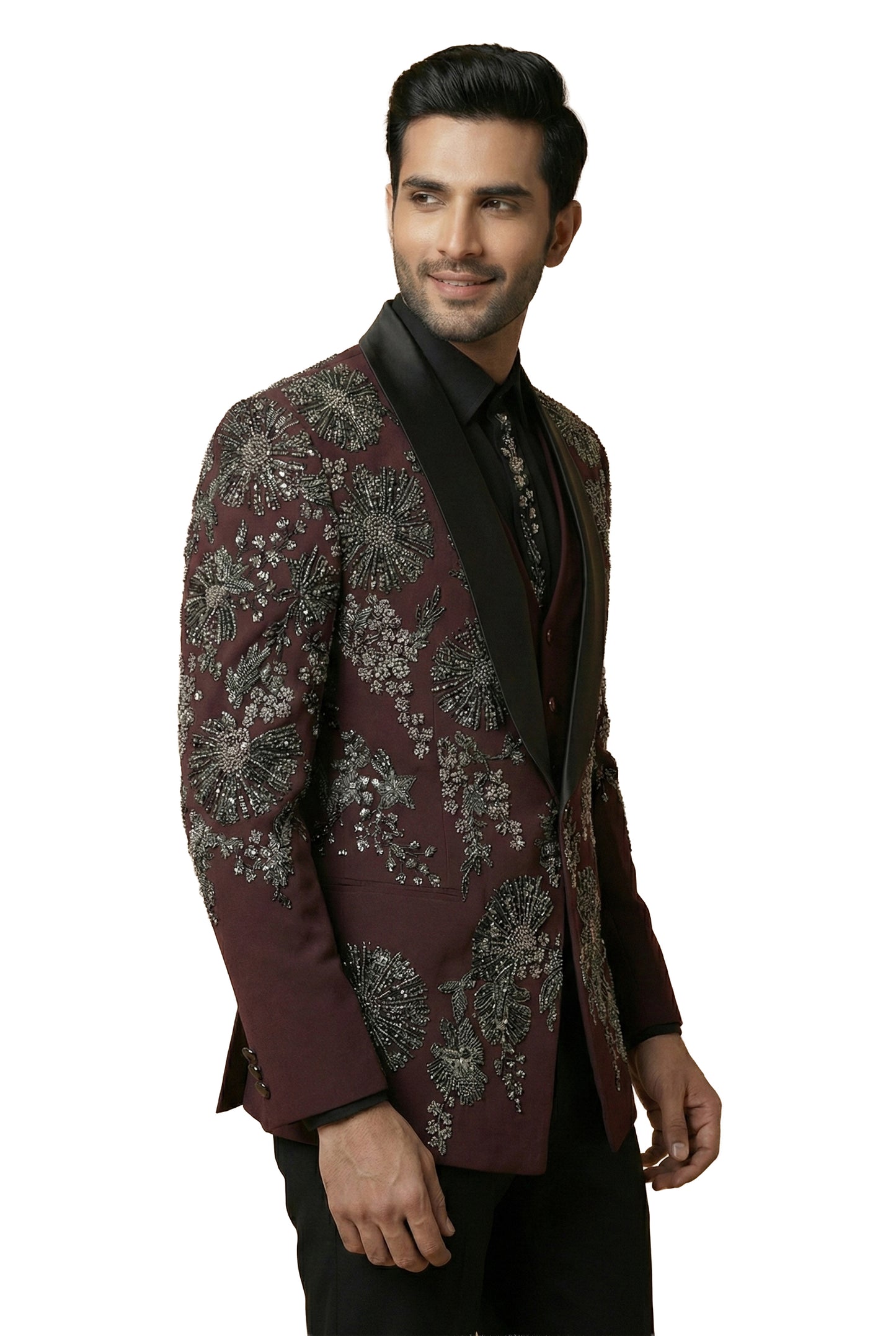 Wine Embroidered Tuxedo Set