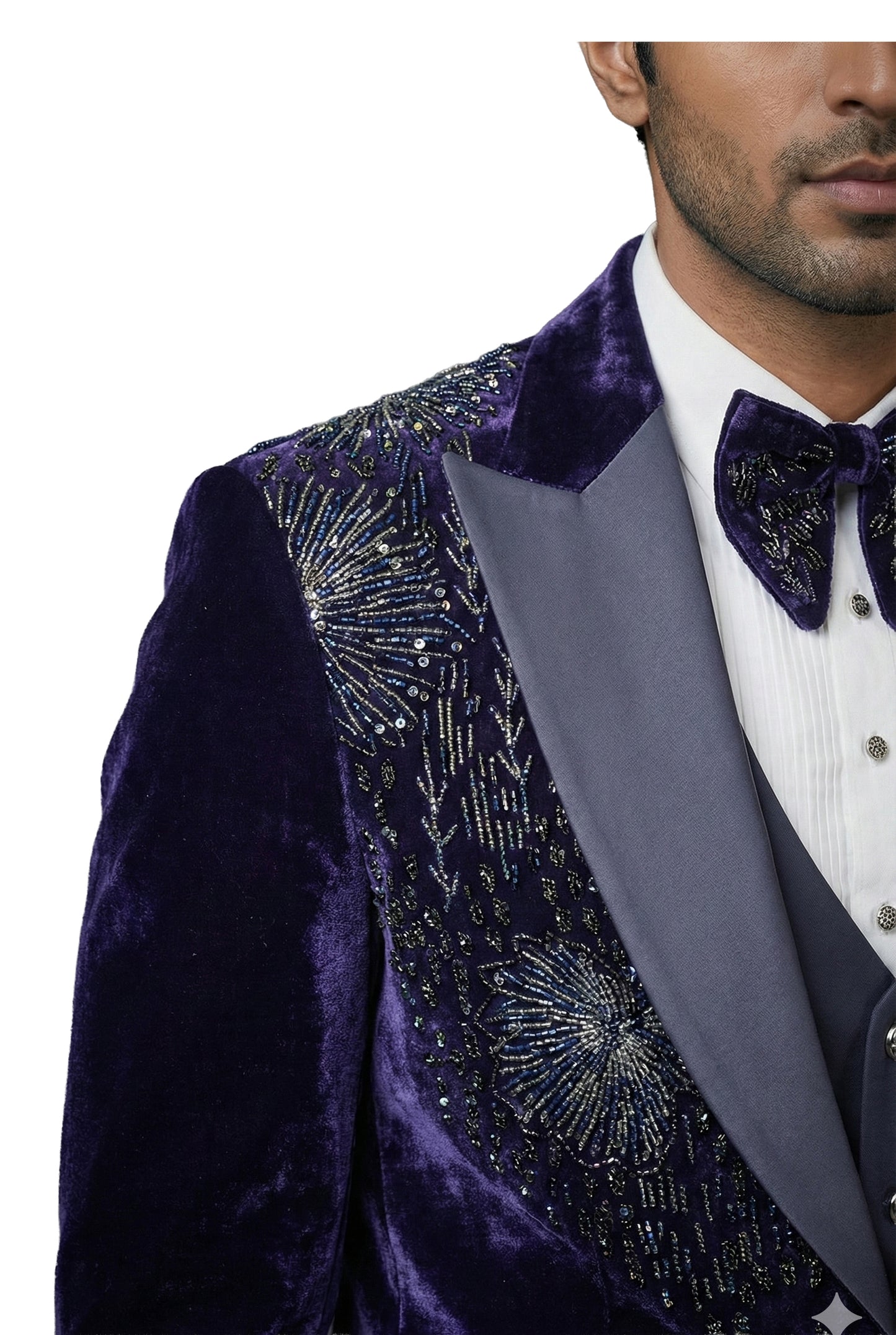 Navy Blue Embroidered Velvet Tuxedo Set