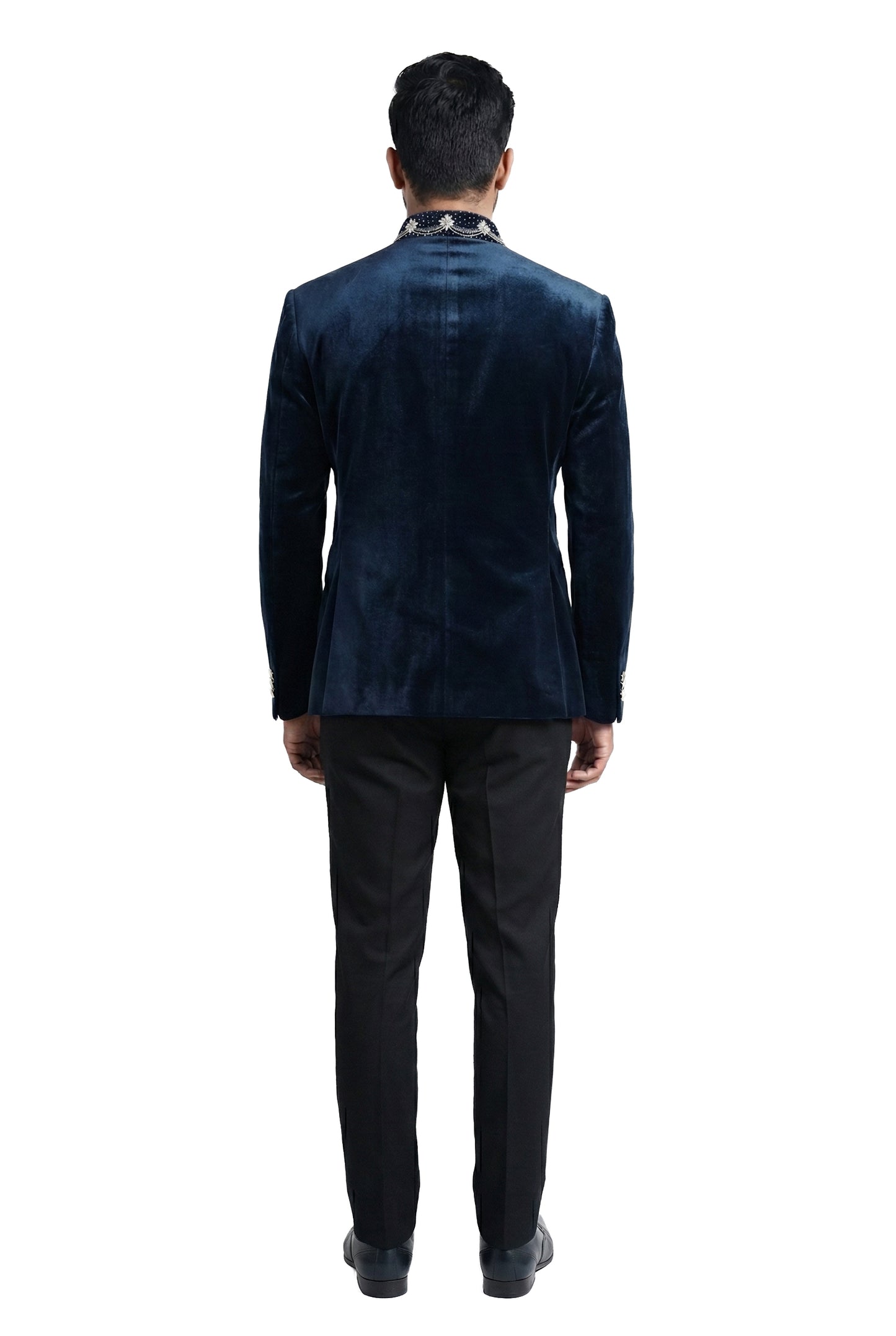 Navy Blue Velvet Bandhgala with Ornamental Brooch Detail