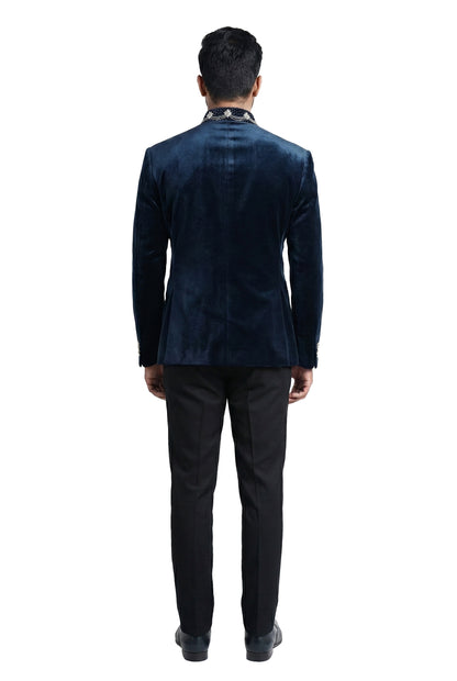 Navy Blue Velvet Bandhgala with Ornamental Brooch Detail