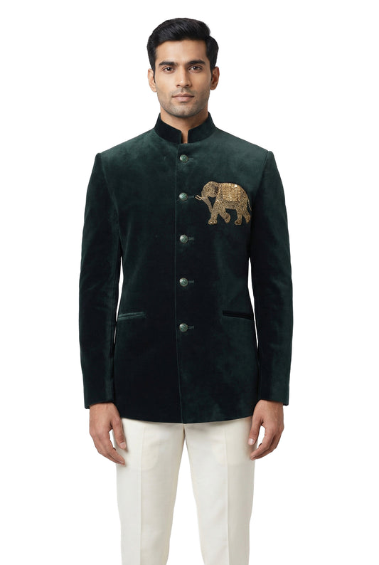 Deep Green Velvet Bandhgala with Elephant Motif