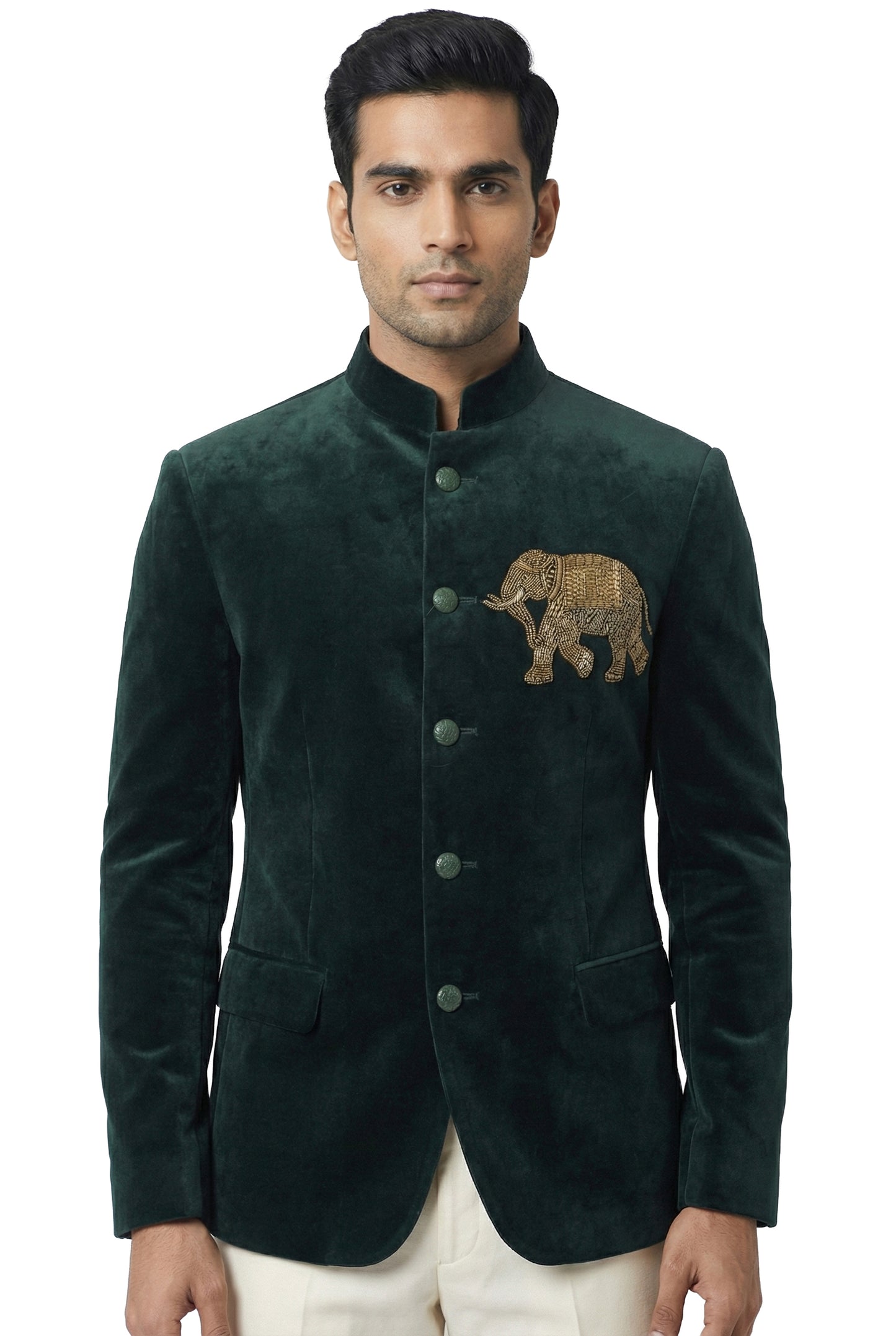 Deep Green Velvet Bandhgala with Elephant Motif