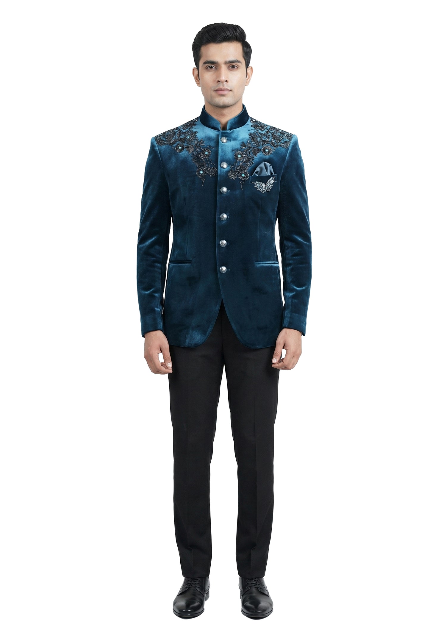 Teal Velvet Bandhgala with Floral Embroidery
