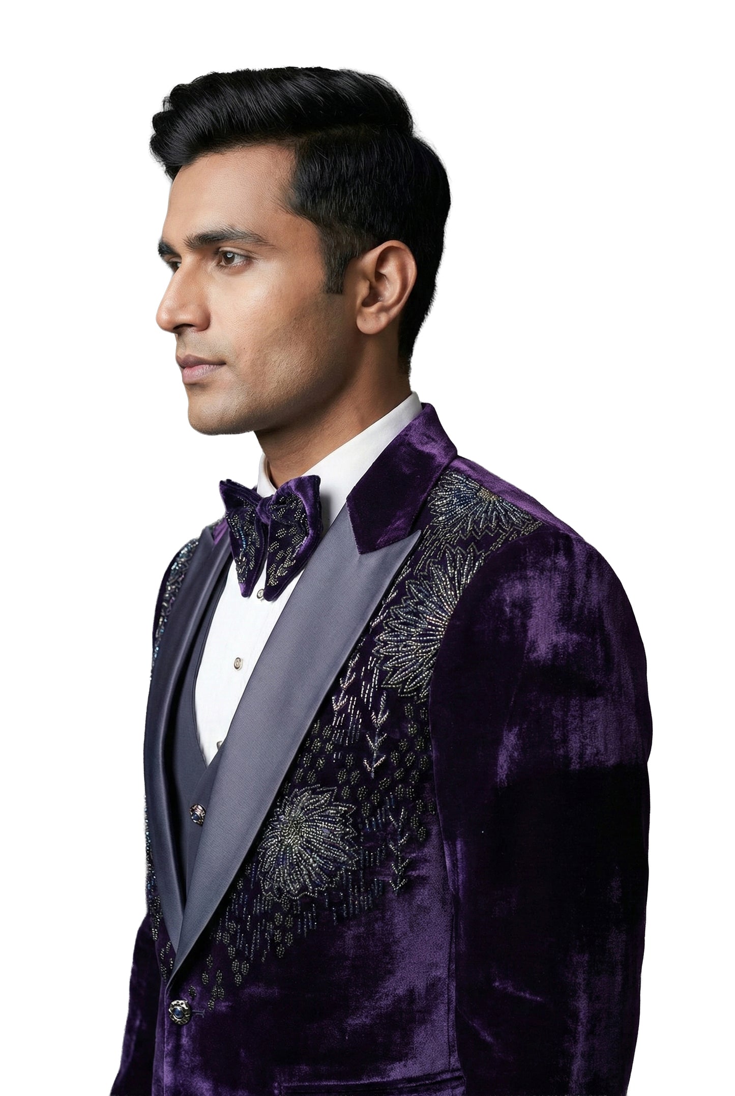 Navy Blue Embroidered Velvet Tuxedo Set