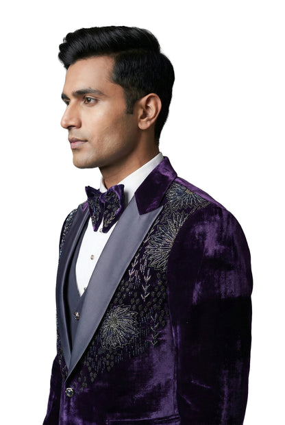 Navy Blue Embroidered Velvet Tuxedo Set
