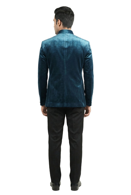 Teal Velvet Bandhgala with Floral Embroidery