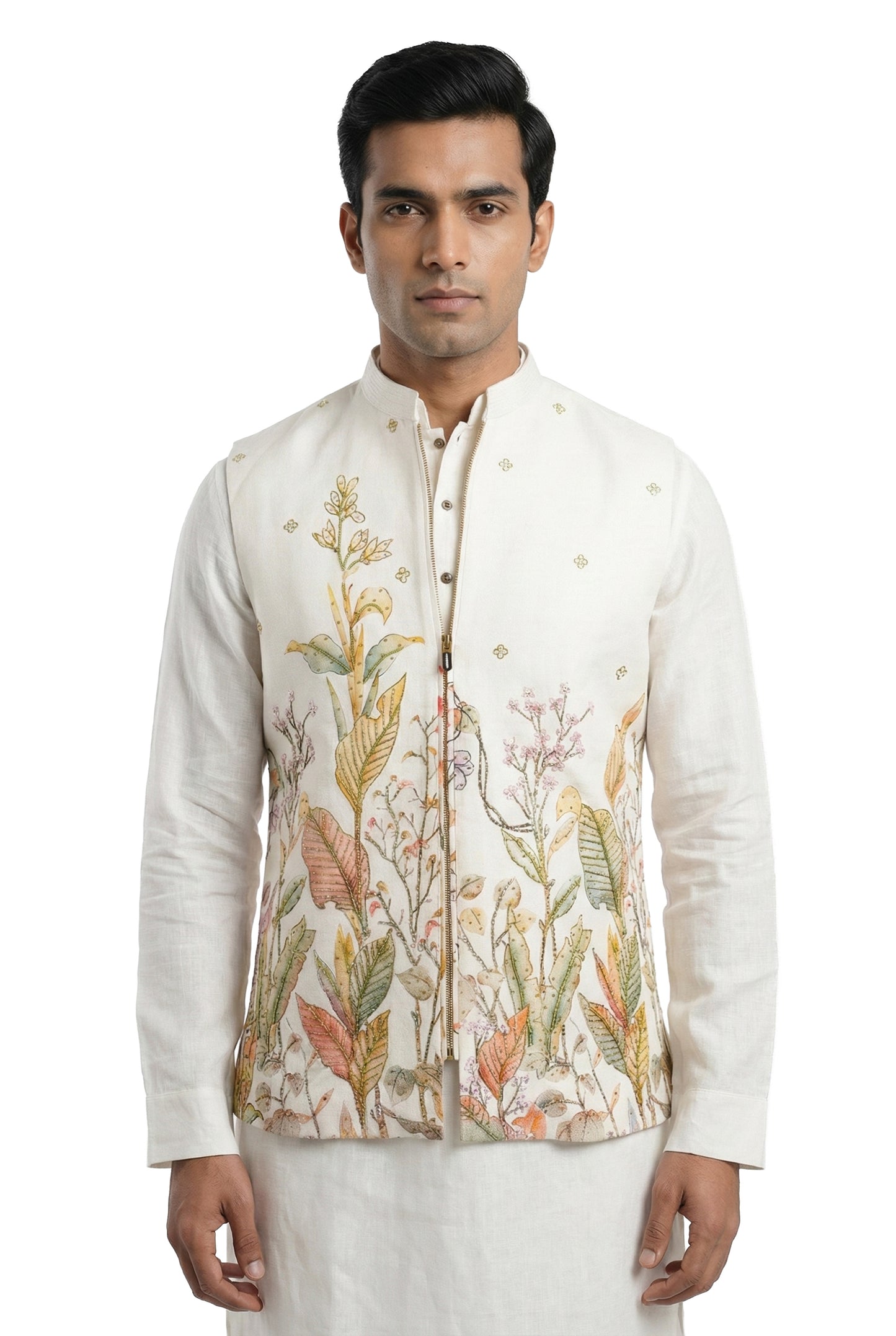 Ivory Hand-Painted Kurta Waistcoat Set