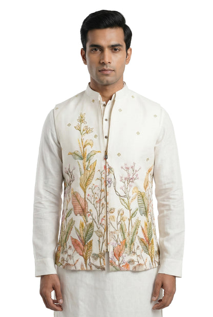 Ivory Hand-Painted Kurta Waistcoat Set