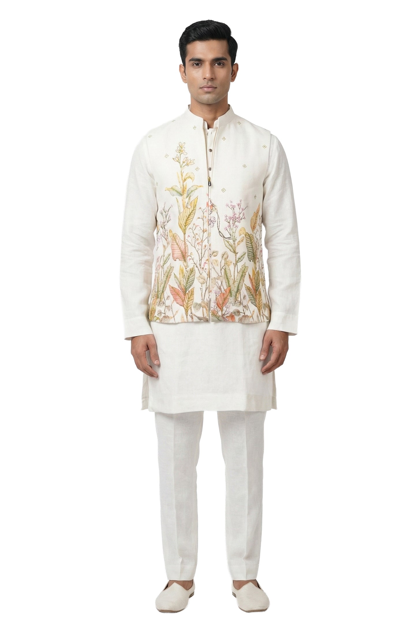 Ivory Hand-Painted Kurta Waistcoat Set