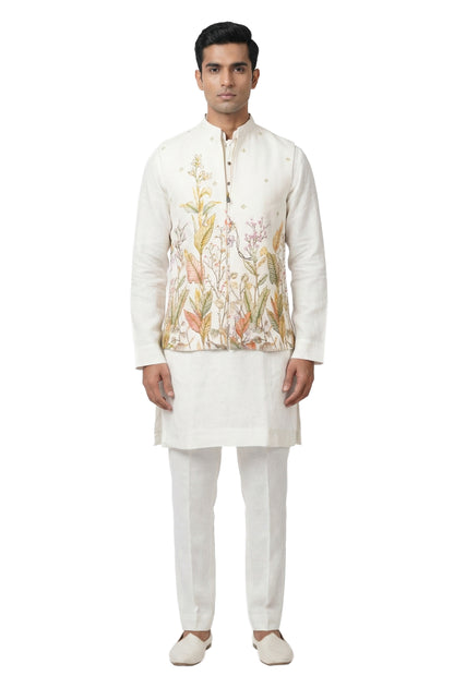 Ivory Hand-Painted Kurta Waistcoat Set
