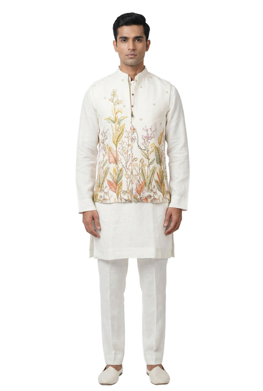 Ivory Hand-Painted Kurta Waistcoat Set