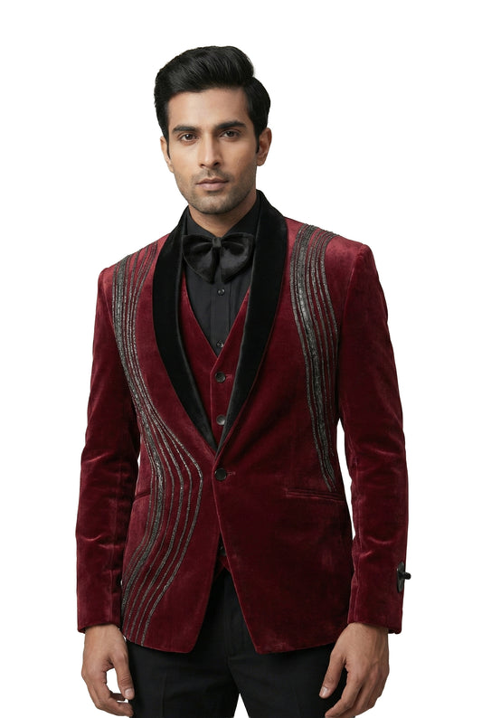 Burgundy Embroidered Velvet Tuxedo Set