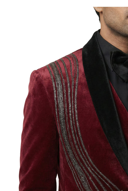 Burgundy Embroidered Velvet Tuxedo Set