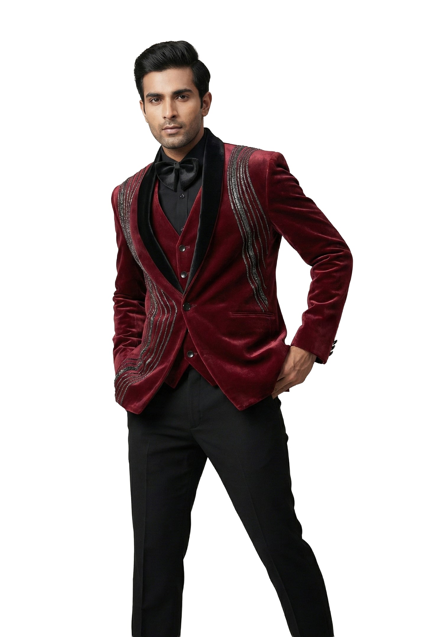 Burgundy Embroidered Velvet Tuxedo Set