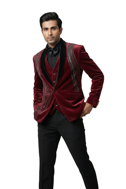 Burgundy Embroidered Velvet Tuxedo Set